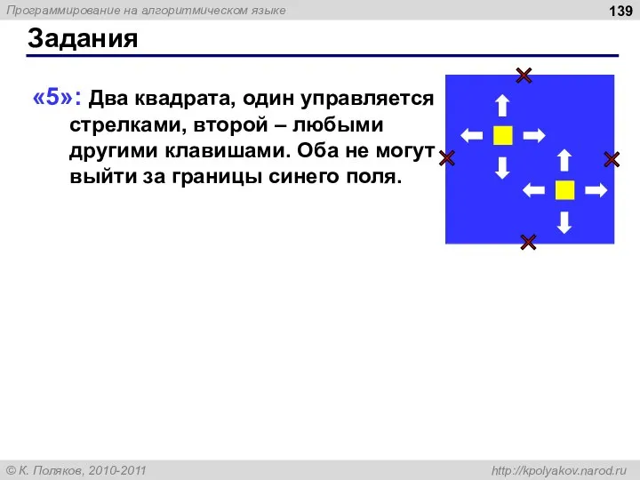 Задания «5»: Два квадрата, один управляется стрелками, второй – любыми другими