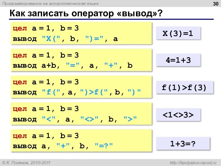 Как записать оператор «вывод»? цел a = 1, b = 3