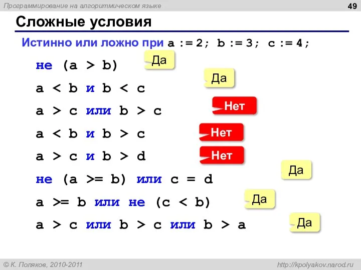 Сложные условия Истинно или ложно при a := 2; b :=