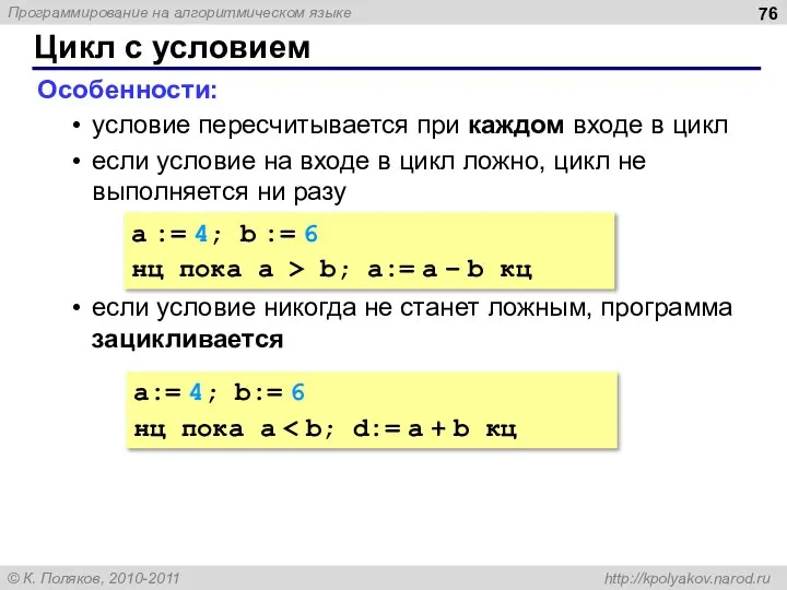 Цикл с условием Особенности: условие пересчитывается при каждом входе в цикл