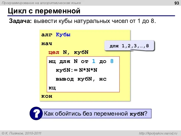 Цикл с переменной Задача: вывести кубы натуральных чисел от 1 до