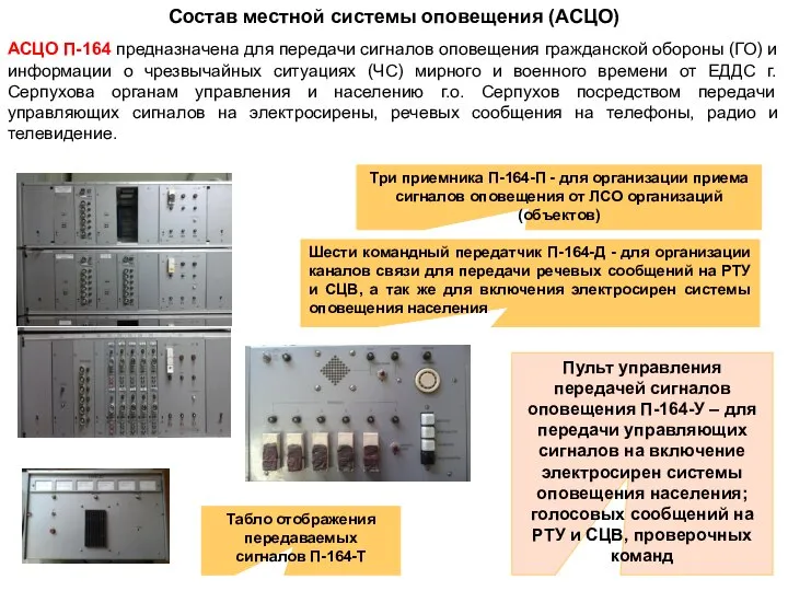 Состав местной системы оповещения (АСЦО) АСЦО П-164 предназначена для передачи сигналов