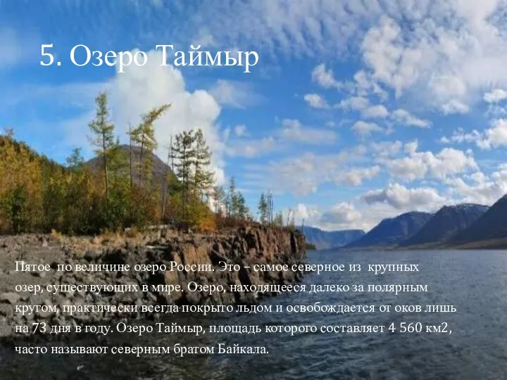 5. Озеро Таймыр Пятое по величине озеро России. Это – самое