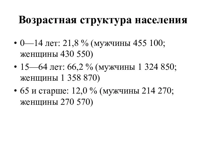 Возрастная структура населения 0—14 лет: 21,8 % (мужчины 455 100; женщины