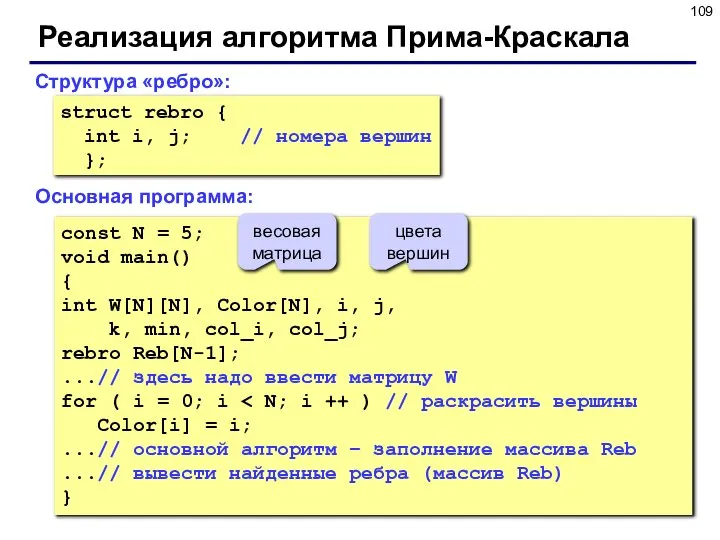 Реализация алгоритма Прима-Краскала Структура «ребро»: struct rebro { int i, j;