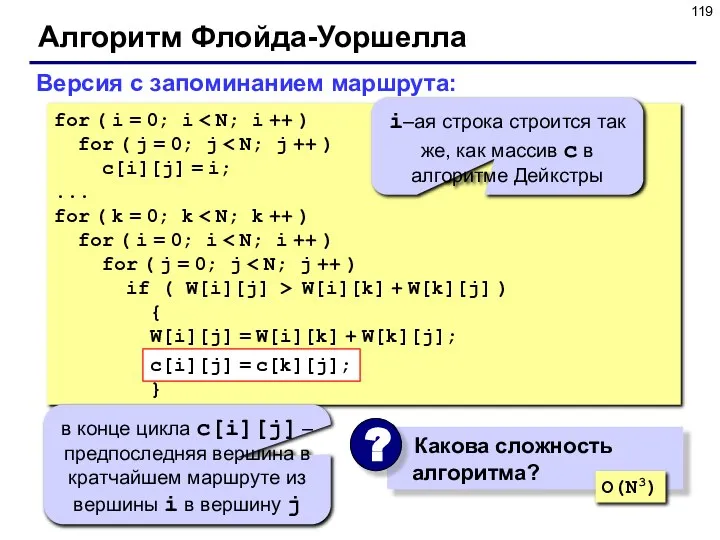 Алгоритм Флойда-Уоршелла Версия с запоминанием маршрута: for ( i = 0;