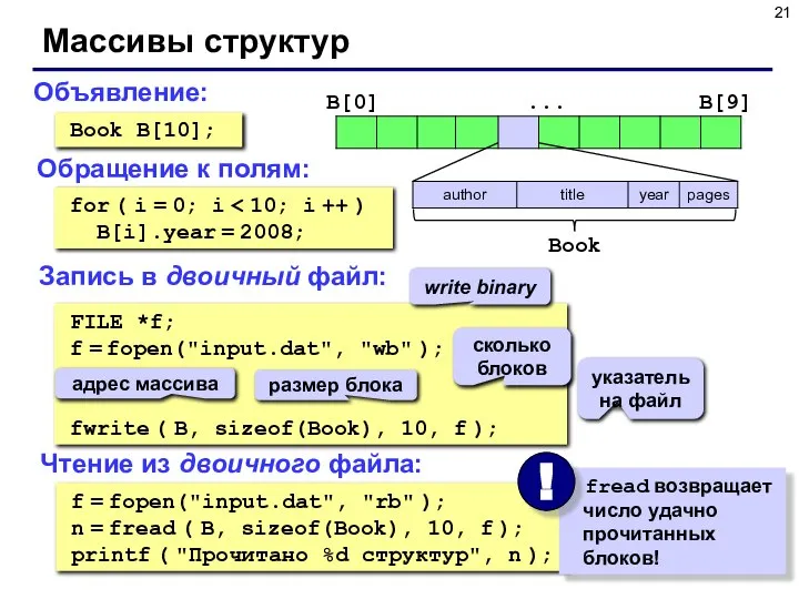 Массивы структур Объявление: Book B[10]; Обращение к полям: for ( i