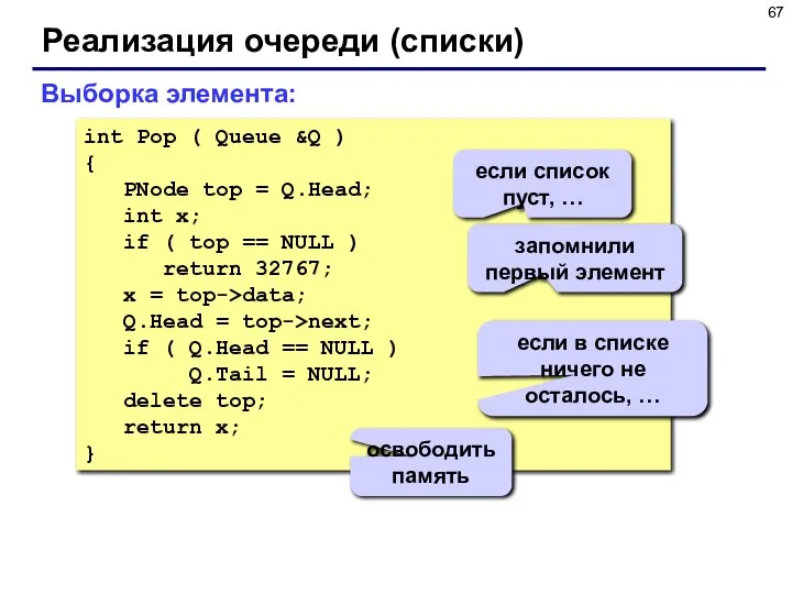 Реализация очереди (списки) int Pop ( Queue &Q ) { PNode