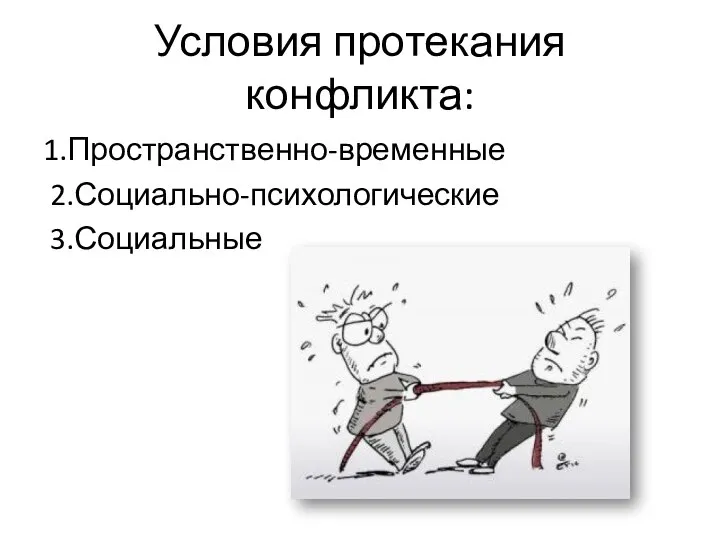 Условия протекания конфликта: 1.Пространственно-временные 2.Социально-психологические 3.Социальные