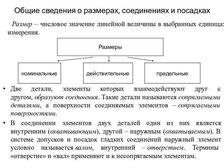 Общие сведения о размерах, соединениях и посадках Две детали, элементы которых