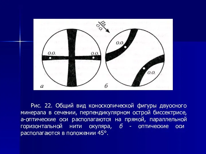 Рис. 22. Общий вид коноскопической фигуры двуосного минерала в сечении, перпендикулярном