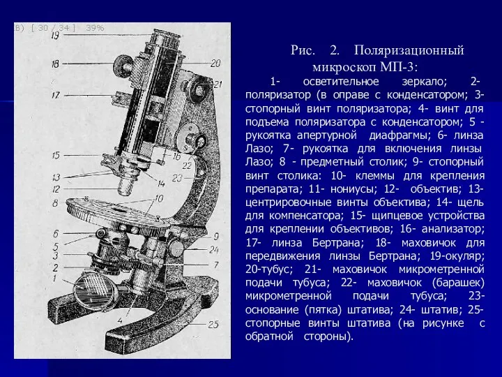 Рис. 2. Поляризационный микроскоп МП-3: 1- осветительное зеркало; 2- поляризатор (в