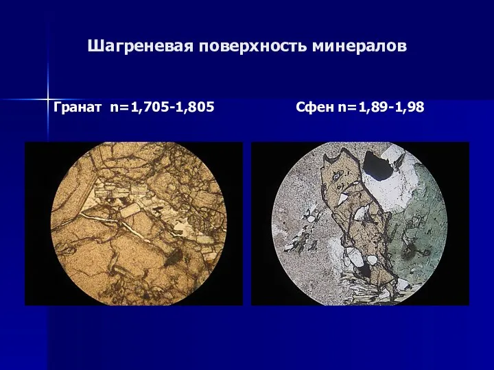 Шагреневая поверхность минералов Гранат n=1,705-1,805 Сфен n=1,89-1,98