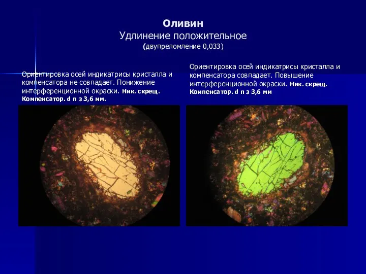 Оливин Удлинение положительное (двупреломление 0,033) Ориентировка осей индикатрисы кристалла и компенсатора