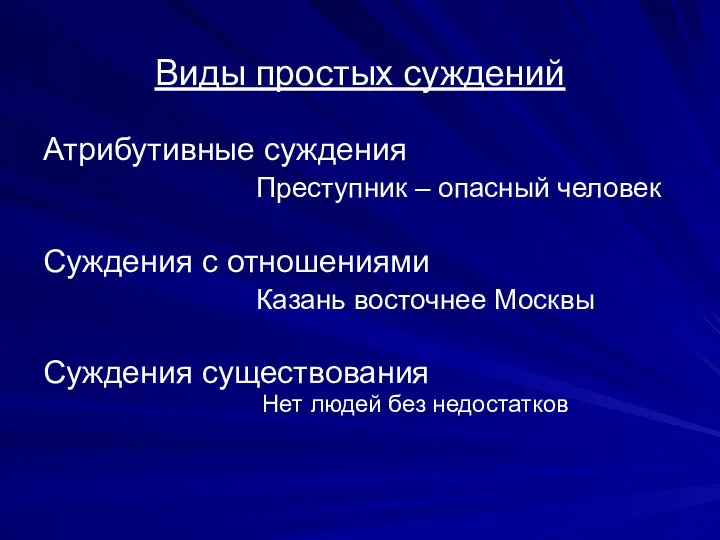 Виды простых суждений Атрибутивные суждения Преступник – опасный человек Суждения с