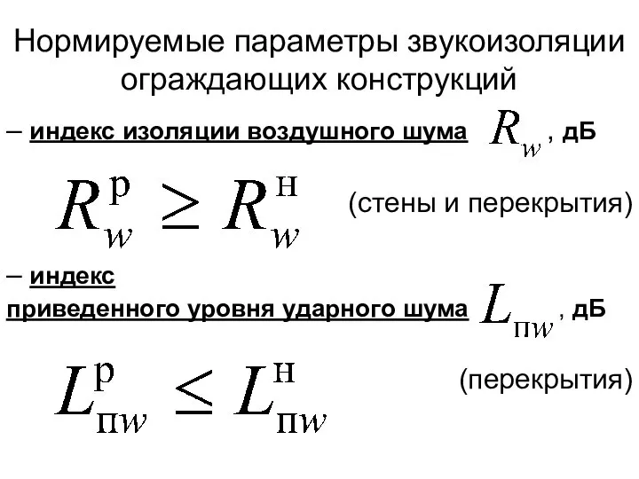 Нормируемые параметры звукоизоляции ограждающих конструкций – индекс изоляции воздушного шума ,