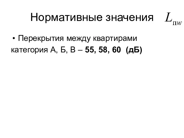 Нормативные значения Перекрытия между квартирами категория А, Б, В – 55, 58, 60 (дБ)