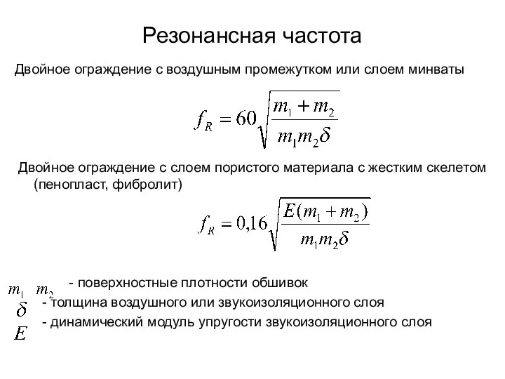 Резонансная частота Двойное ограждение с воздушным промежутком или слоем минваты Двойное