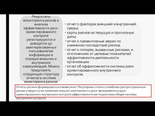 Отчеты должны формироваться ежемесячно. Регулярные отчеты о наиболее распространенных рисках и