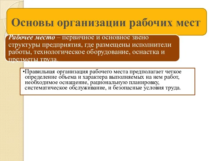 Основы организации рабочих мест Рабочее место – первичное и основное звено