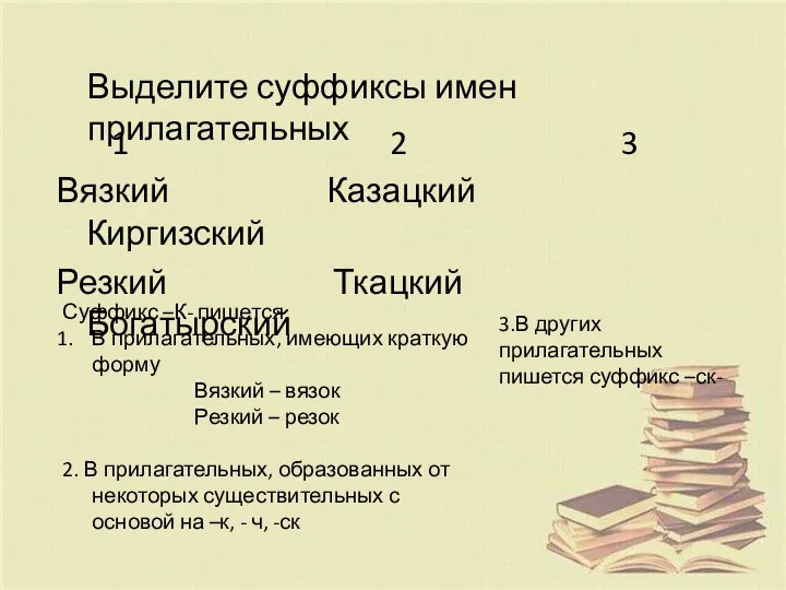 1 2 3 Вязкий Казацкий Киргизский Резкий Ткацкий Богатырский Выделите суффиксы