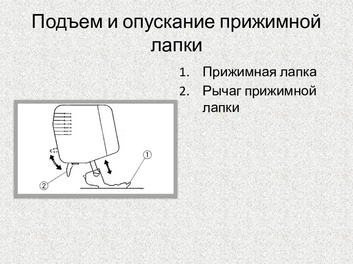 Подъем и опускание прижимной лапки Прижимная лапка Рычаг прижимной лапки