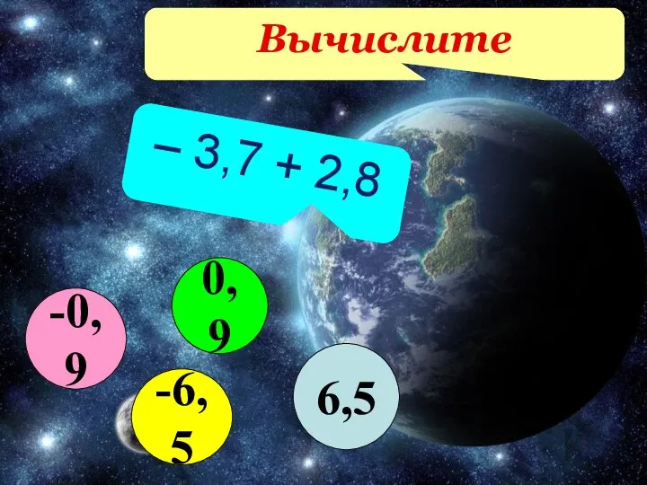 Вычислите – 3,7 + 2,8 6,5 -6,5 0,9 -0,9