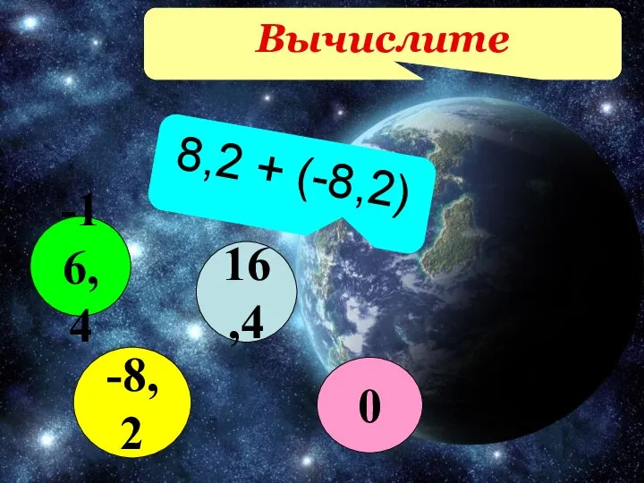 Вычислите 8,2 + (-8,2) 16,4 -8,2 -16,4 0