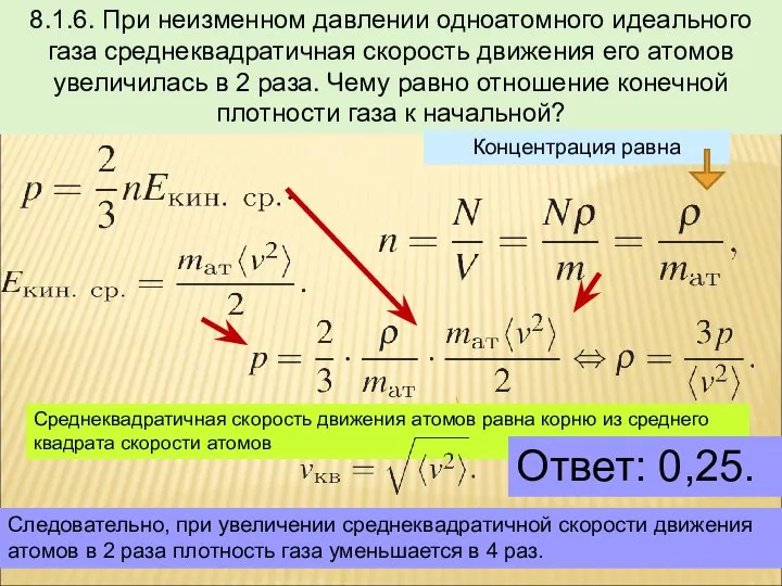 8.1.6. При неизменном давлении одноатомного идеального газа среднеквадратичная скорость движения его