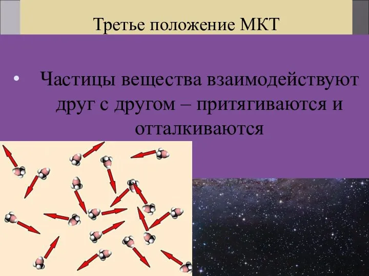 Третье положение МКТ Частицы вещества взаимодействуют друг с другом – притягиваются и отталкиваются