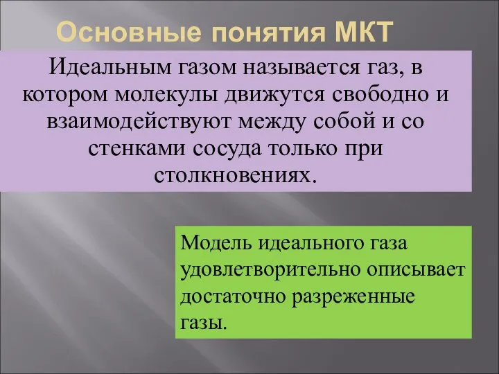 Основные понятия МКТ Идеальным газом называется газ, в котором молекулы движутся