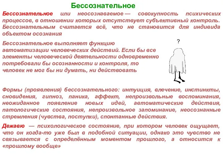 Бессознательное Бессознательное или неосознаваемое — совокупность психических процессов, в отношении которых