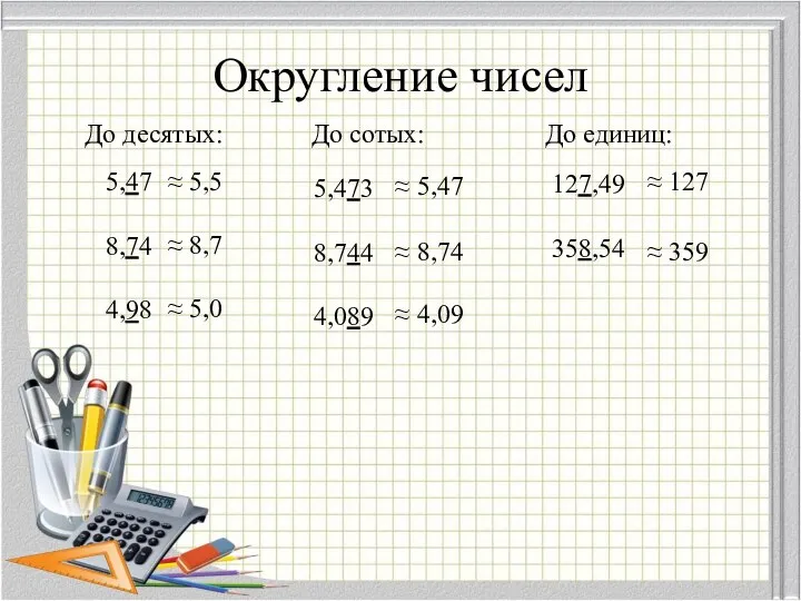 Округление чисел До десятых: 5,47 8,74 4,98 ≈ 5,5 ≈ 8,7