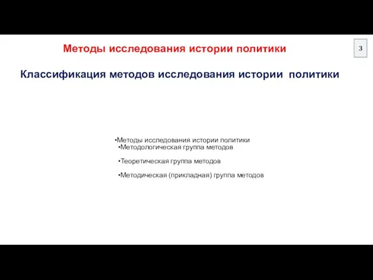 Методы исследования истории политики Классификация методов исследования истории политики Методы исследования