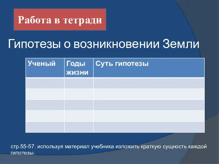 Гипотезы о возникновении Земли Работа в тетради стр.55-57. используя материал учебника изложить краткую сущность каждой гипотезы.