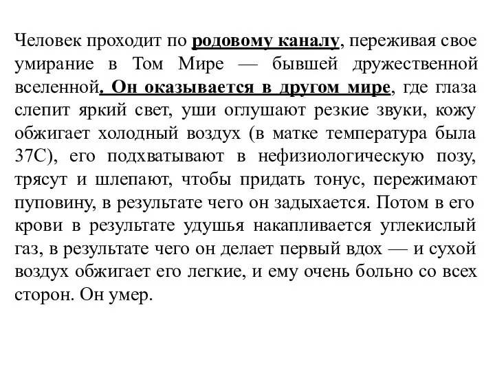 Человек проходит по родовому каналу, переживая свое умирание в Том Мире