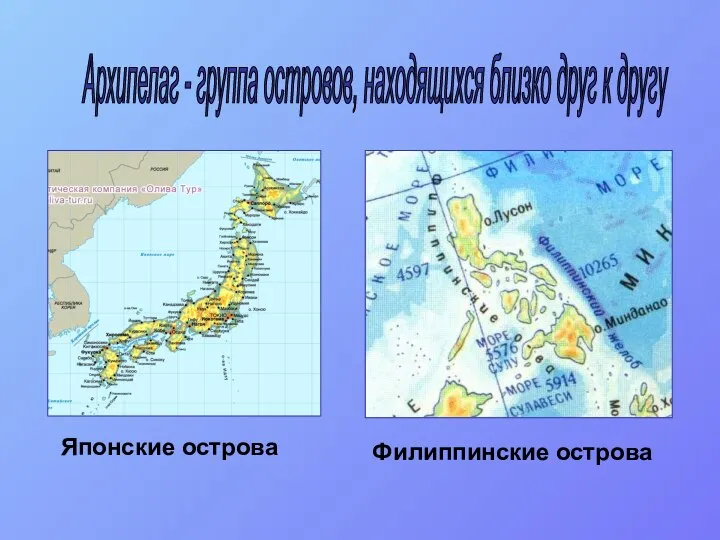 Архипелаг - группа островов, находящихся близко друг к другу Японские острова Филиппинские острова