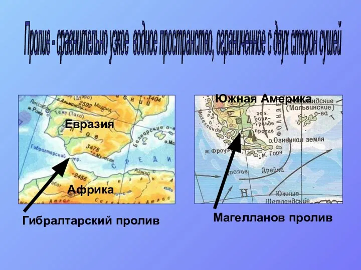 Пролив - сравнительно узкое водное пространство, ограниченное с двух сторон сушей