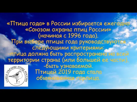 «Птица года» в России избирается ежегодно «Союзом охраны птиц России» (начиная