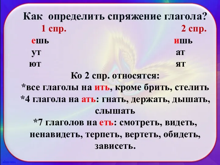 Как определить спряжение глагола? 1 спр. 2 спр. ешь ишь ут