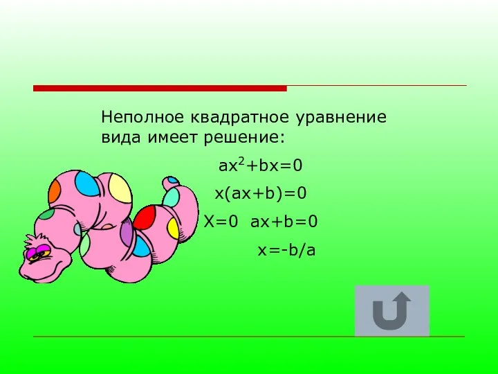 Неполное квадратное уравнение вида имеет решение: ax2+bx=0 x(ax+b)=0 X=0 ax+b=0 x=-b/a