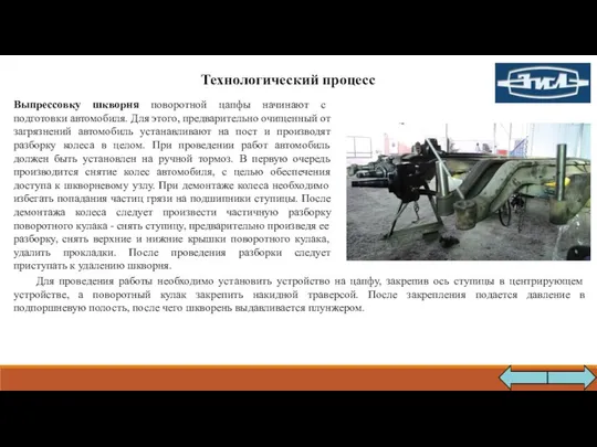 Технологический процесс Выпрессовку шкворня поворотной цапфы начинают с подготовки автомобиля. Для