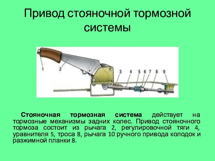 Привод стояночной тормозной системы Стояночная тормозная система действует на тормозные механизмы