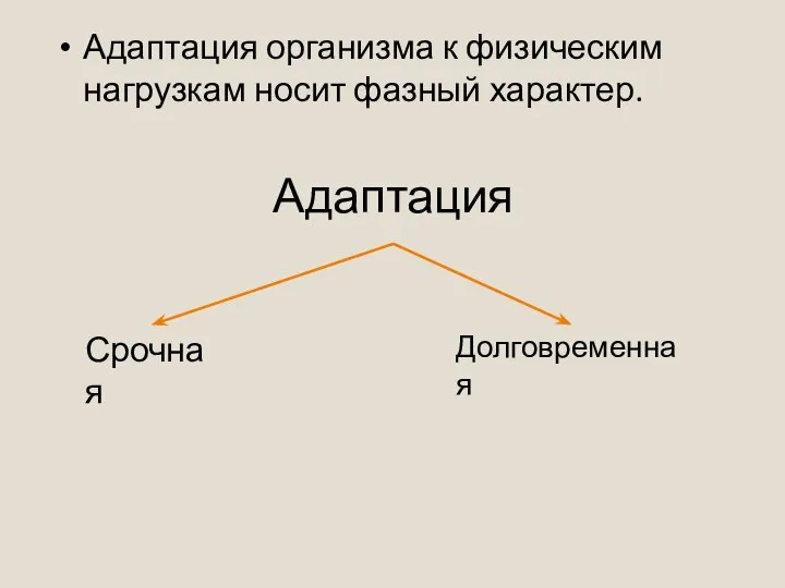 Адаптация Адаптация организма к физическим нагрузкам носит фазный характер. Срочная Долговременная