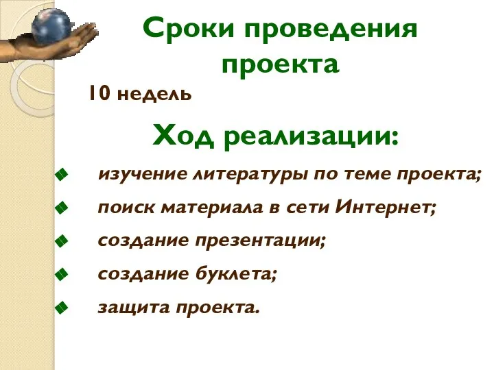 Сроки проведения проекта 10 недель Ход реализации: изучение литературы по теме