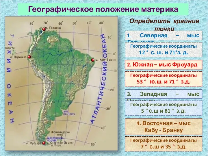 1. Северная – мыс Гальинас Географические координаты 12 ° с. ш.