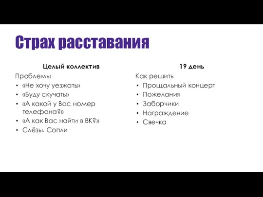 Страх расставания Целый коллектив Проблемы «Не хочу уезжать» «Буду скучать» «А