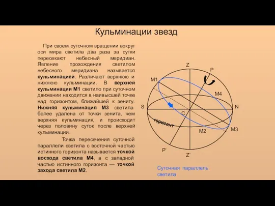 Кульминации звезд При своем суточном вращении вокруг оси мира светила два