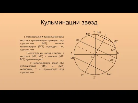 Кульминации звезд У восходящих и заходящих звезд верхняя кульминация проходит над