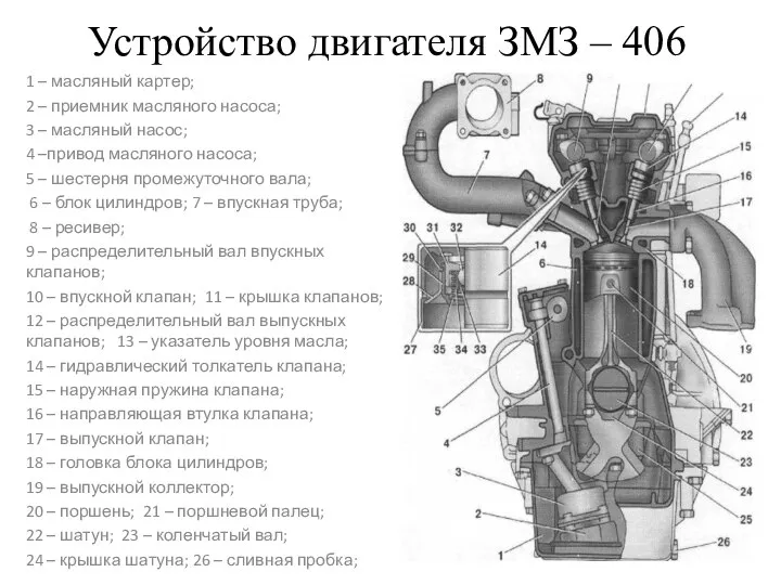 Устройство двигателя ЗМЗ – 406 1 – масляный картер; 2 –